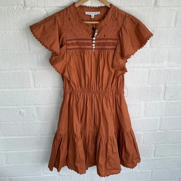Secret Mission Bartolina Ruffled Cotton Crochet Flutter Sleeve Pocket Dress sz L - Picture 4 of 16